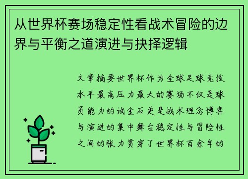 从世界杯赛场稳定性看战术冒险的边界与平衡之道演进与抉择逻辑 从世界杯赛场稳定性看战术冒险的边界与平衡之道演进与抉择逻辑