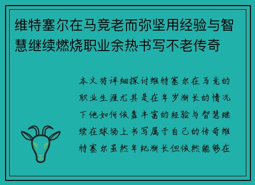 维特塞尔在马竞老而弥坚用经验与智慧继续燃烧职业余热书写不老传奇 维特塞尔在马竞老而弥坚用经验与智慧继续燃烧职业余热书写不老传奇